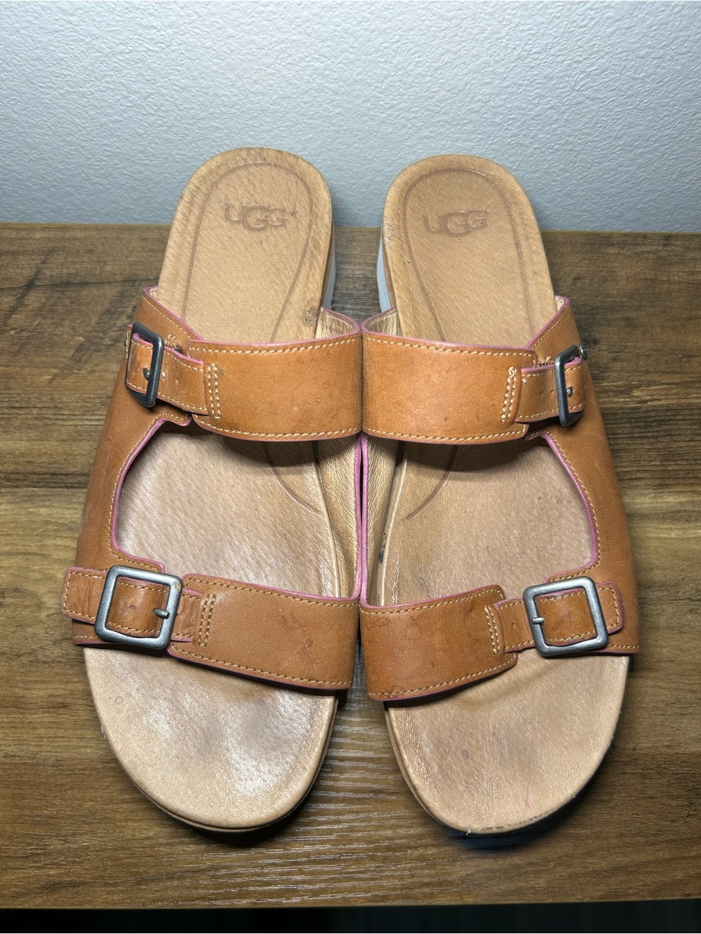 UGG Women's Brown Leather Double-Buckle Slide Sandals